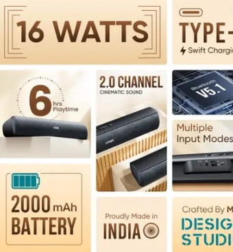 Mivi Fort S16 with Dual Full Range Drivers, 6Hrs Playback, Voice Assistant 16 W Bluetooth Speaker  (Black, 2.0 Channel)